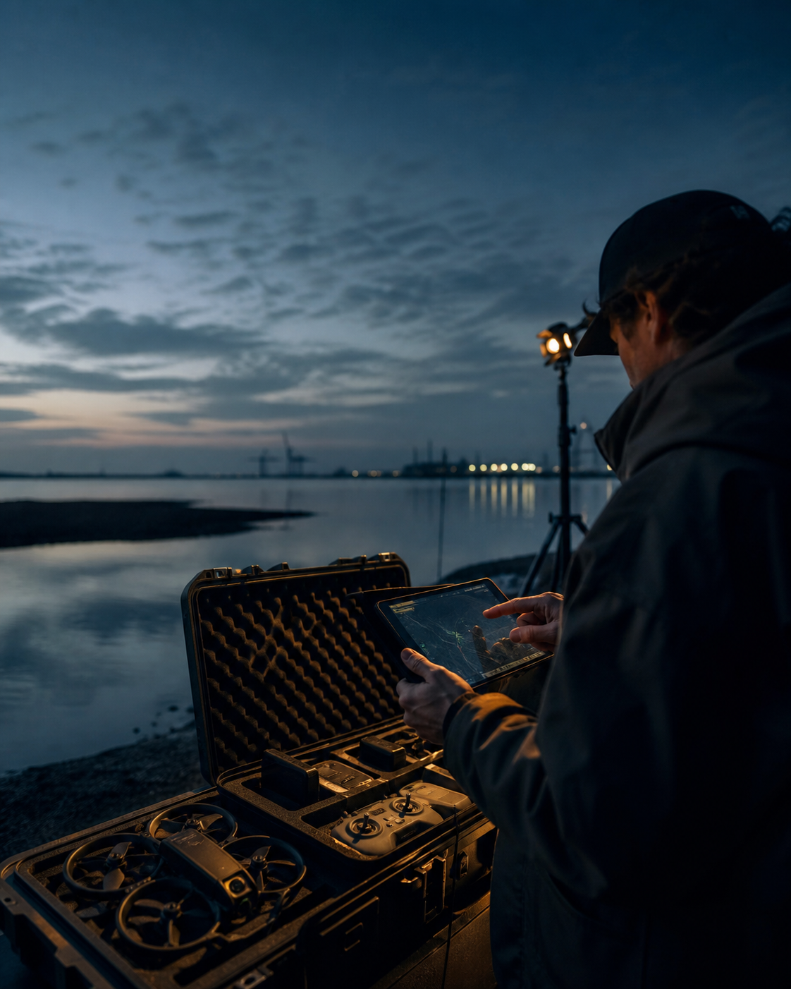 Filmmaker planning a professional drone shoot with flight gear at blue hour