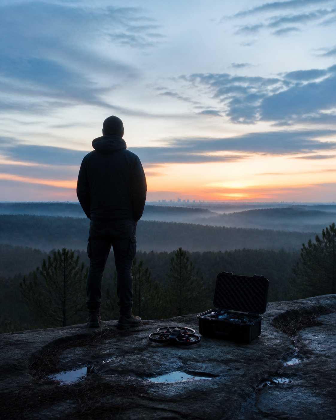 Filmmaker preparing for a sunrise drone shoot in a misty Texas forest