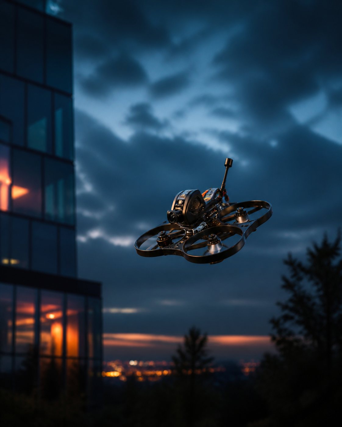 Professional FPV cinewhoop drone filming at blue hour